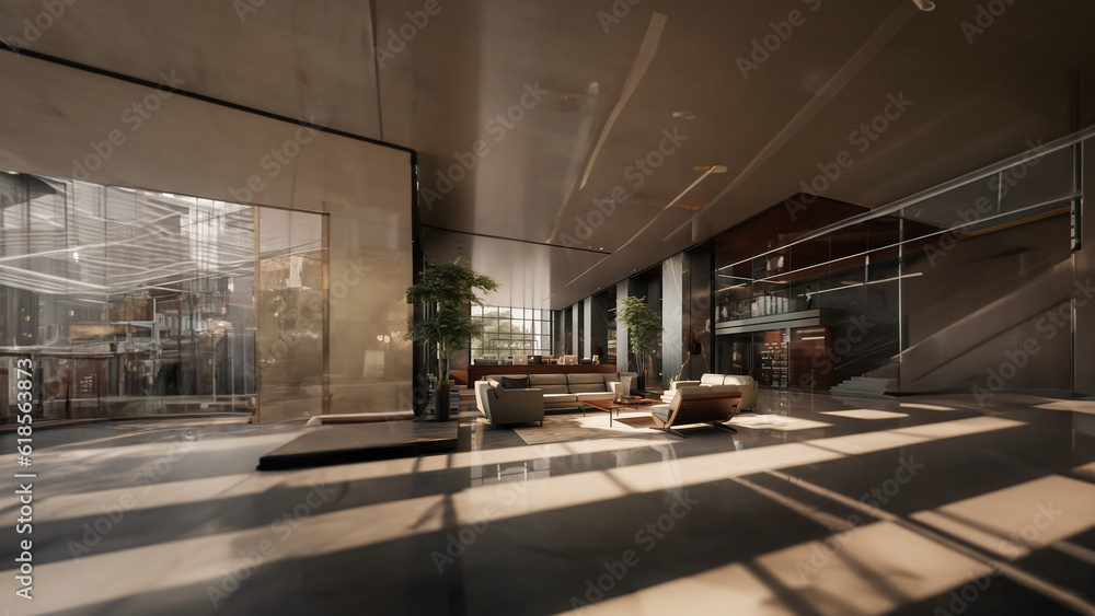 Eine Luxus Hotel Lobby mit Möbeln und einem großen Fenster Eingangsbereich, Generative AI Eine Luxus Hotel Lobby mit Möbeln und einem großen Fenster Eingangsbereich, Generative AI