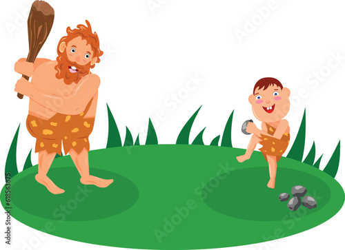 Stone Age family. Vector prehistoric man and child, caveman and cave son on white background
Characters of primitive people. Prehistoric stone age caveman cartoon. The caveman and his child are playin
