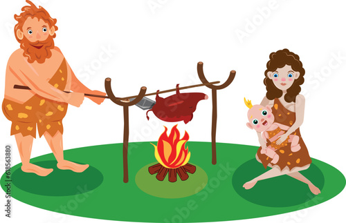 Stone Age family. Vector prehistoric man, woman and children cook food on a fire. Cavemen on a white background.Characters of primitive people. Prehistoric stone age caveman cartoon.