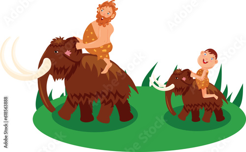 Stone Age family. Vector prehistoric man and child, caveman and cave son on white background
Characters of primitive people. Prehistoric stone age caveman cartoon. Caveman and his child on mammoths.