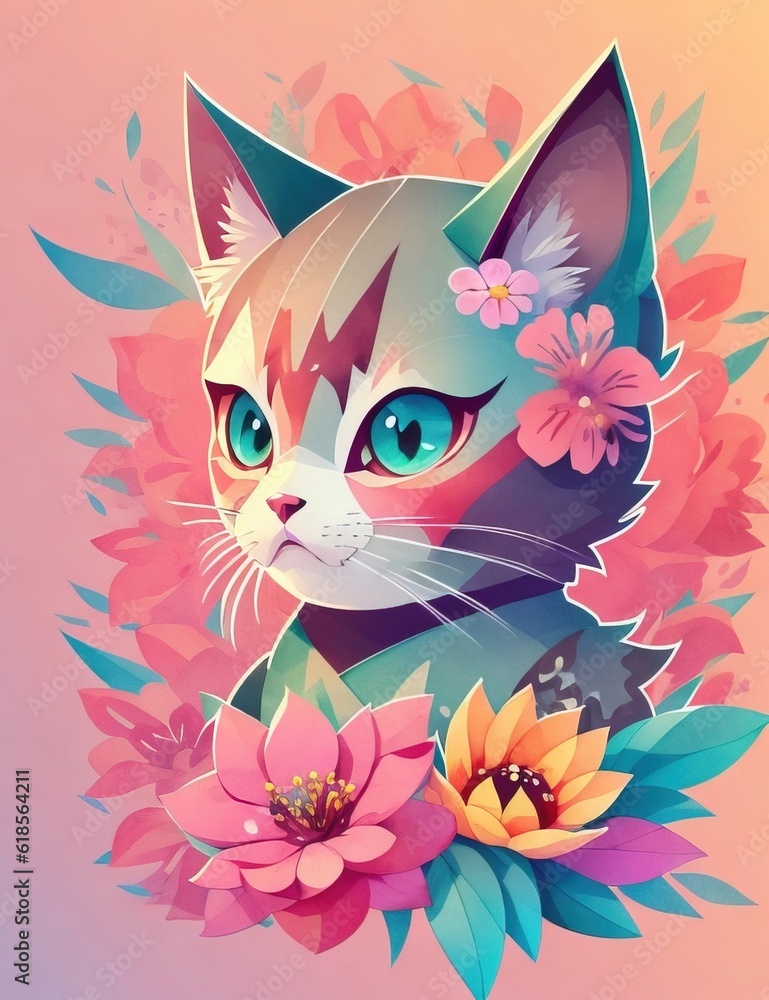 illustration of ninja kitten kitty cat, t-shirt design, flowers splash,  colorful fantasy art, cute and quirky, watercolor, generative AI