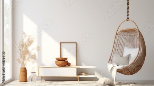 Boho style interior with hanging chair table blank canvas and white wall background.3d rendering