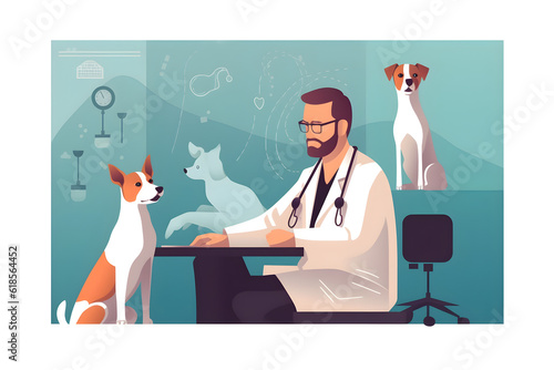 Flat vector illustration jack russell terrier and veterinarians behin photo