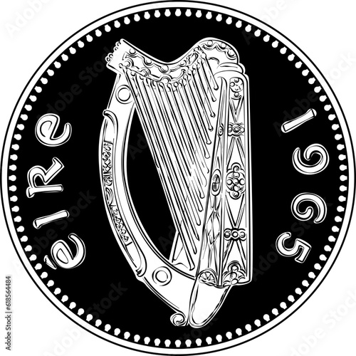 Irish money Pre-decimal gold coin Penny with Celtic harp on obverse. Black and white image
