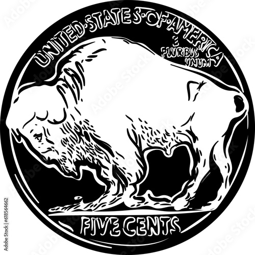 Black and white American money 5 Cent Coin, Reverse of Buffalo nickel with American Bison