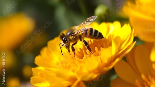 Bee on a yellow flower. Honeybee on Calendula Flower