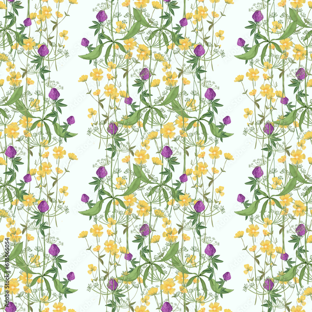 Trendy seamless botanical print. Floral seamless ornament of grass meadows. Botanical Aerial flora pattern with meadow herbs and medium-sized flowers, thin stems, graceful fragile, Vector Trendy seamless botanical print. Floral seamless ornament of grass meadows. Botanical Aerial flora pattern with meadow herbs and medium-sized flowers, thin stems, graceful fragile, Vector