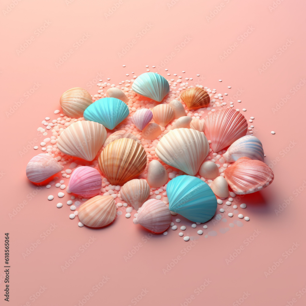 Several colorful seashells on a pink background. Generative AI Several colorful seashells on a pink background. Generative AI