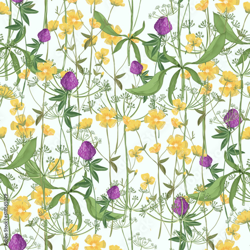 Trendy seamless botanical meadow flowers print. Floral seamless ornament of grass meadows. Botanical  Aerial flora pattern with meadow herbs and medium-sized flowers  thin stems  graceful fragile