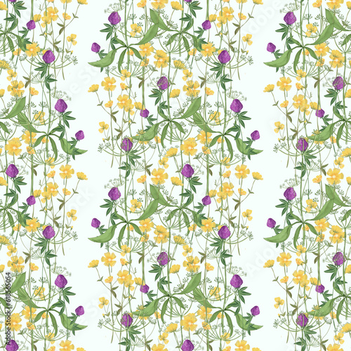 Trendy seamless botanical print. Floral seamless ornament of grass meadows. Botanical  Aerial flora pattern with meadow herbs and medium-sized flowers  thin stems  graceful fragile  Vector