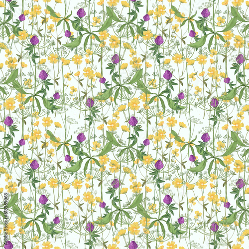 Trendy seamless botanical print. Floral seamless ornament of grass meadows. Botanical Aerial flora pattern with meadow herbs and medium-sized flowers, thin stems, graceful fragile, Vector