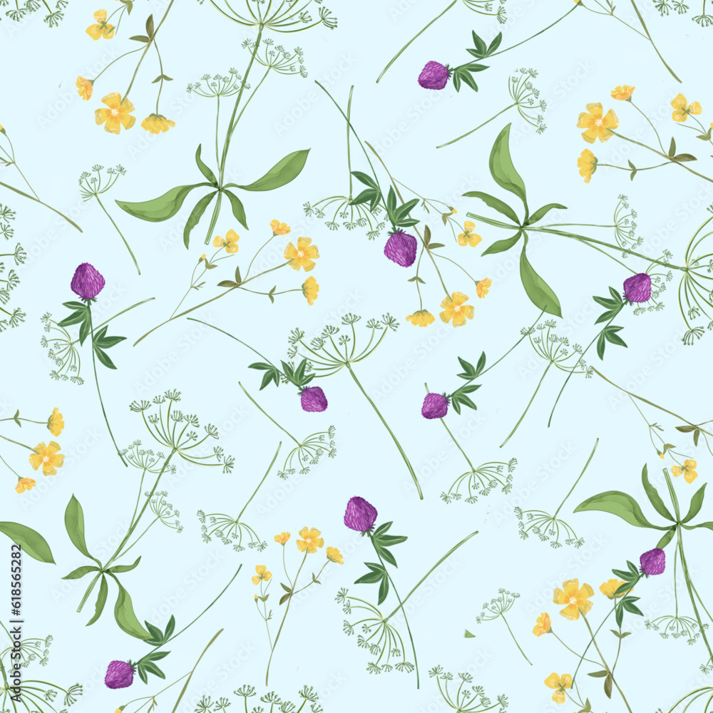 Trendy seamless floral textile print. Aerial flora pattern. Botanical print with meadow herbs and small-sized flowers, thin stems, graceful fragile, loose pattern.
Pattern for linen bed. Vector Trendy seamless floral textile print. Aerial flora pattern. Botanical print with meadow herbs and small-sized flowers, thin stems, graceful fragile, loose pattern.
Pattern for linen bed. Vector