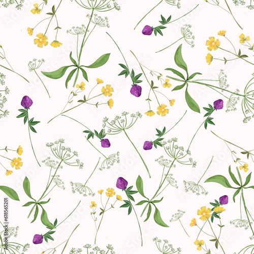 Trendy seamless floral textile print. Aerial flora pattern. Botanical print with meadow herbs and small-sized flowers, thin stems, graceful fragile, loose pattern.
Pattern for linen bed. Vector