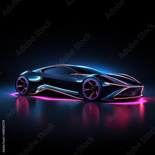 Modern car stands at night in neon lights, side view. Sports car, futuristic autonomous vehicle. HUD car