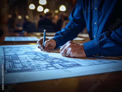 Collaborative Work: Engineer Hand Drawing Plans on Blueprints Emphasizing Teamwork and Construction Workflow in the Design Process generative ai