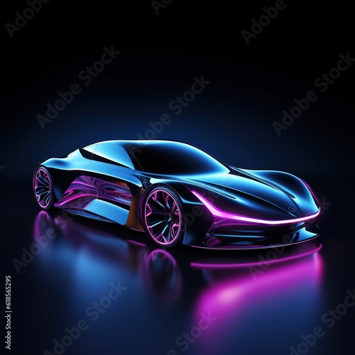 Modern car stands at night in neon lights  side view. Sports car  futuristic autonomous vehicle. HUD car