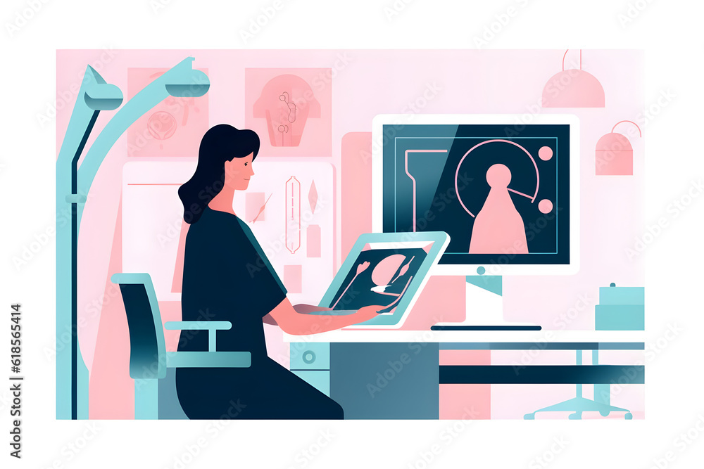 Flat vector illustration in the hospital the patient undergoes a screening procedure for a mammogram which is performed by a mammogram a modern technologically advanced clinic with professional doctor Flat vector illustration in the hospital the patient undergoes a screening procedure for a mammogram which is performed by a mammogram a modern technologically advanced clinic with professional doctor