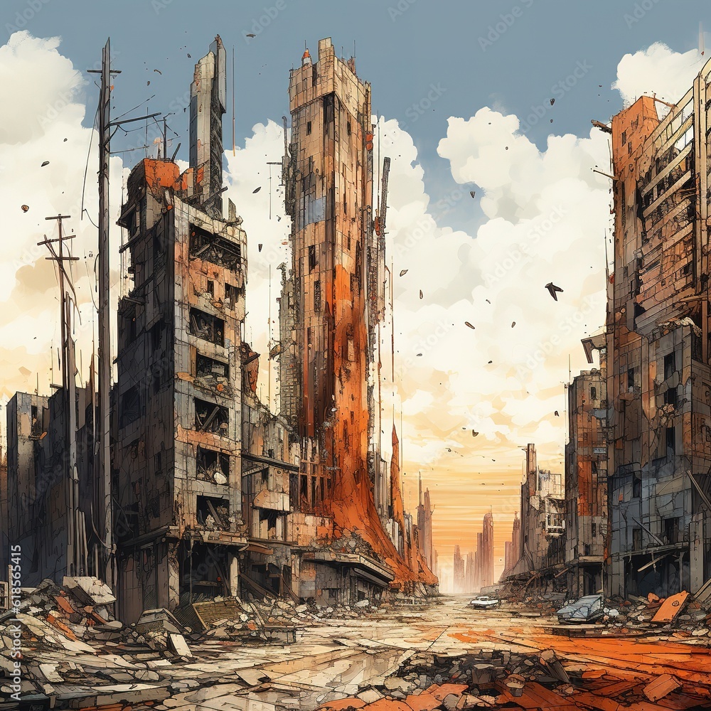 destroyed skyscrapers, tall post-apocalyptic buildings, house buildings