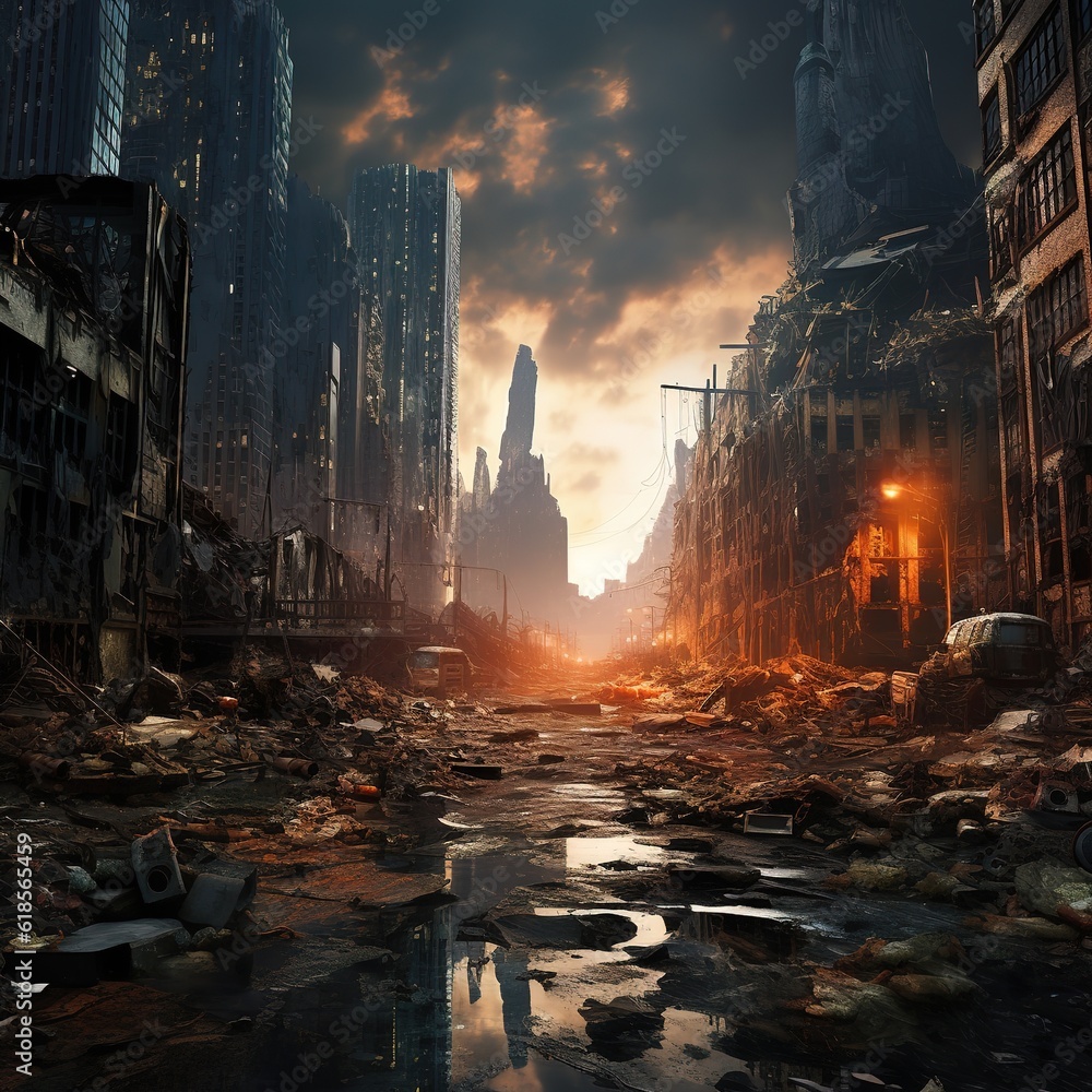 destroyed skyscrapers, tall post-apocalyptic buildings, house buildings destroyed skyscrapers, tall post-apocalyptic buildings, house buildings