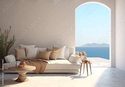 Mediterranean gate wall to the sea view, Santorini Interior of modern living room or hotal with sofa, indoor plants in vases