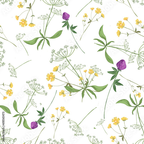 Trendy seamless floral textile print. Aerial flora pattern. Botanical print with meadow herbs and medium-sized flowers, thin stems, graceful fragile, loose pattern.Natural colors. Vector, hand drawing © Arylanna