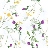 Trendy seamless floral textile print. Aerial flora pattern. Botanical print with meadow herbs and medium-sized flowers, thin stems, graceful fragile, loose pattern.Natural colors. Vector, hand drawing