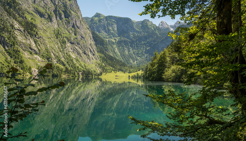 Beautiful view of the Obersee in Germany, Summer view between the pine trees on the beautiful lake.