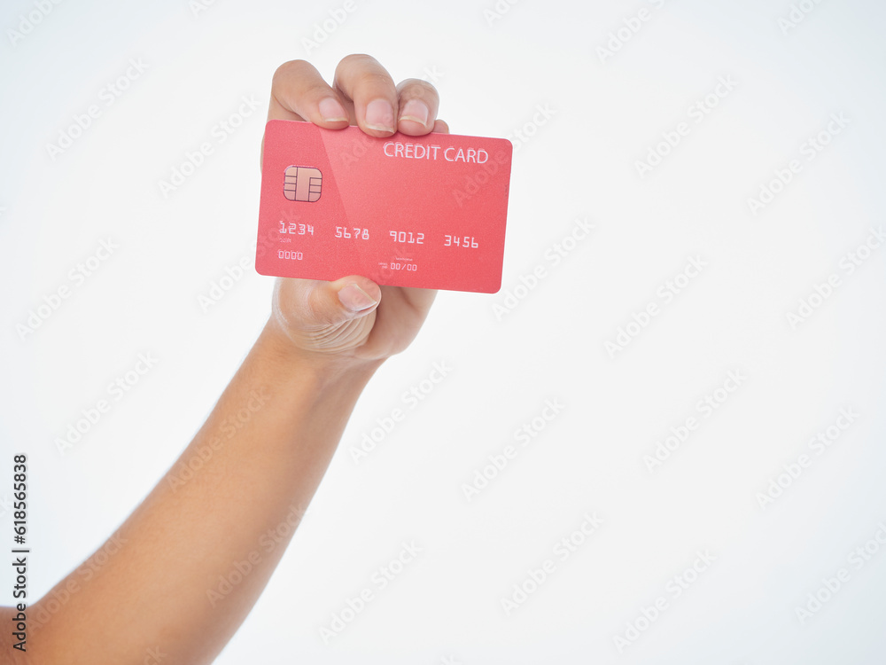 Woman holding credit card on white background Woman holding credit card on white background