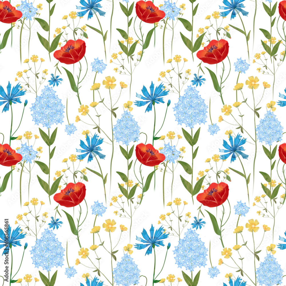 Trendy seamless textile botanical meadow flowers print.   Aerial flora natural summer pattern. Bright beautiful red poppies and meadow grasses and medium-sized flowers floral vector print.