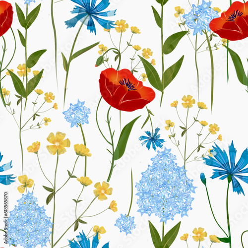 Trendy seamless textile botanical meadow flowers print.   Aerial flora natural summer pattern. Bright beautiful red poppies and meadow grasses and medium-sized flowers floral vector print.