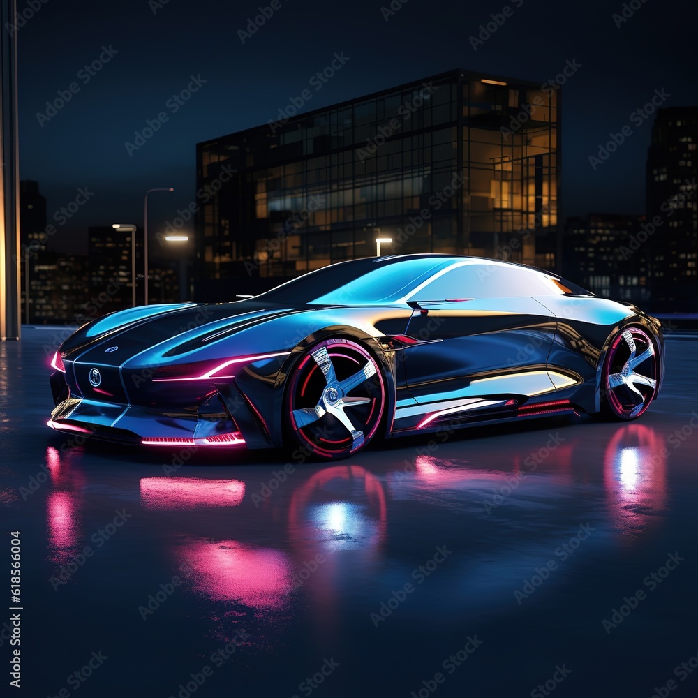 Modern car stands at night in neon lights, side view. Sports car, futuristic autonomous vehicle. HUD car Modern car stands at night in neon lights, side view. Sports car, futuristic autonomous vehicle. HUD car
