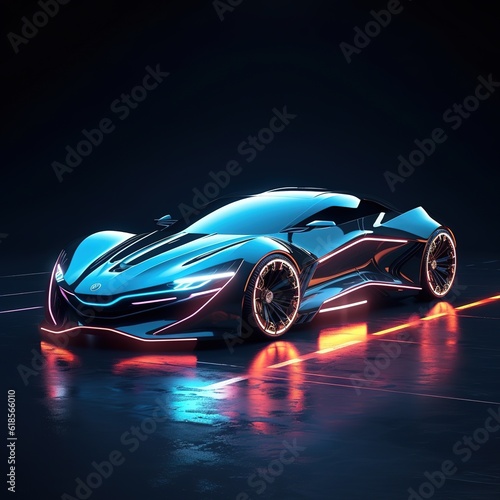 Modern car stands at night in neon lights  side view. Sports car  futuristic autonomous vehicle. HUD car