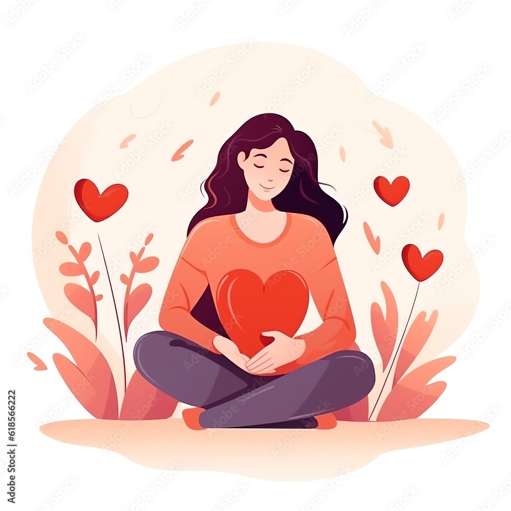 Woman with hand on kind heart, feeling self love, positive emotion. Charity and volunteering activity concept. A happy woman hugs her knees. Illustration of International Women's Day Woman with hand on kind heart, feeling self love, positive emotion. Charity and volunteering activity concept. A happy woman hugs her knees. Illustration of International Women's Day