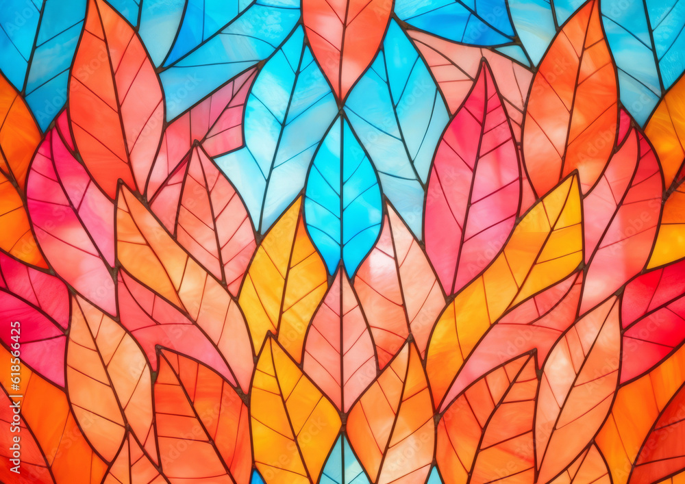 A stained glass made of colorful autumn leaves. Generadive AI