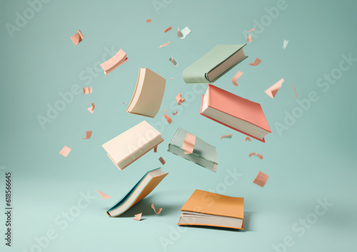 Open books flying and falling around on a pastel mint background. Generative AI