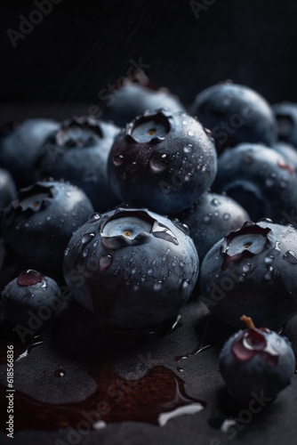 food photography close-up of blueberries on a table, generative ai