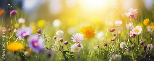An illustration of a beautiful summer-spring natural flowers background in the form of a banner, wildflowers, and yellow dandelions on a bright sunny day bokeh. Made with Generative AI technology © mafizul_islam