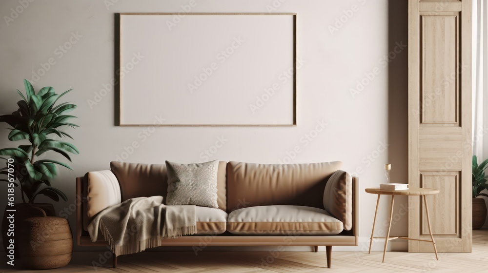 Poster frame mockup in brown living room with sofa,armchair and table.3d rendering Poster frame mockup in brown living room with sofa,armchair and table.3d rendering