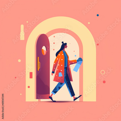Vector of a person walking through a door on her way outside to work for her business Generative AI.