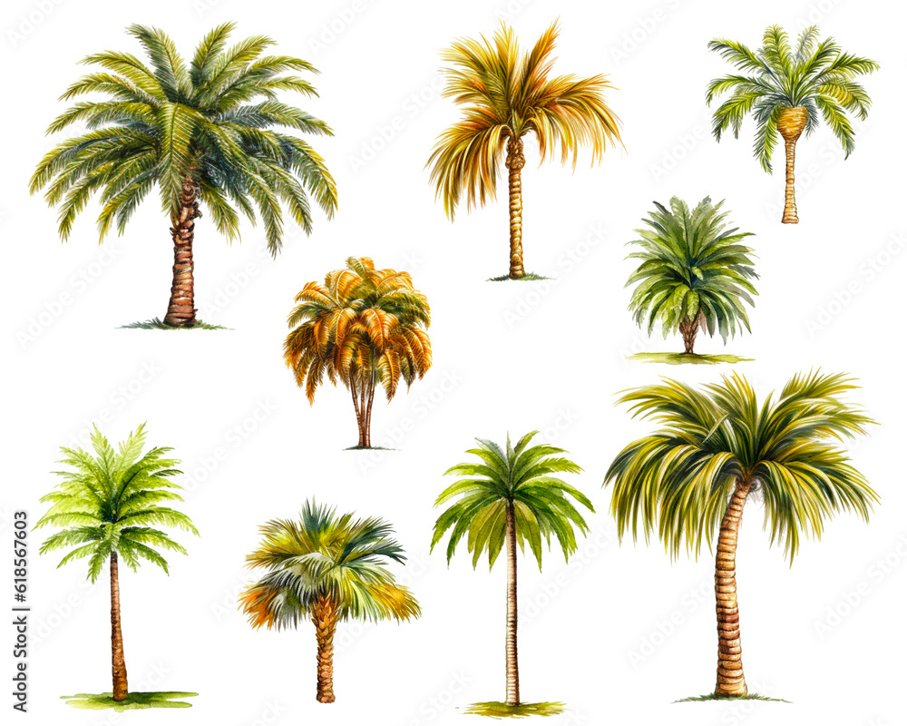 Set of watercolor tropical palm tree isolated on white background. PNG transparent background. AI Generative.