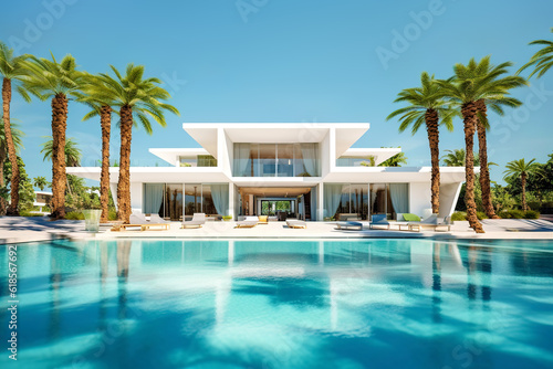 Exterior of amazing modern minimalist cubic villa with large swimming pool among palm trees. Created with generative Ai © Vadim Andrushchenko