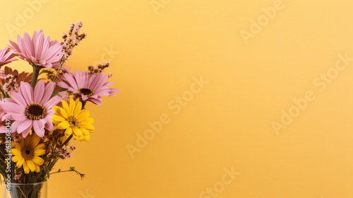 A postcard background text yellow open space illustration of a fase with a bouquet of flowers  generative ai