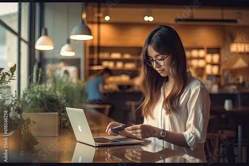 Portrait of happy beautiful woman using computer at coffee shop, creative working