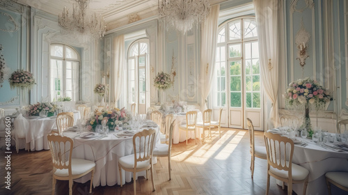 A reception of a wedding in a old palace castle with a chandelier and big windows  generative ai