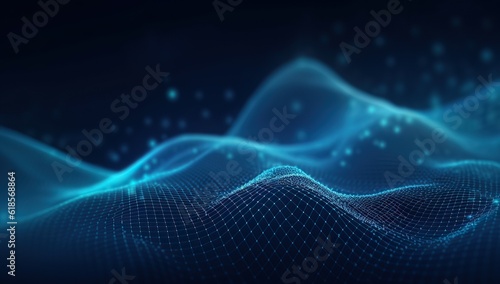 Data technology illustration, abstract futuristic background. particle wave. Waves with connecting dots and lines on a dark background © Yan