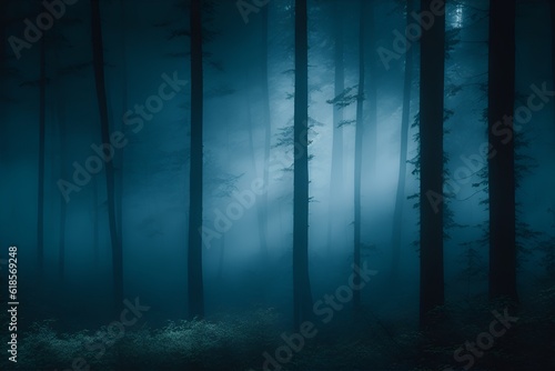 Dense forest at night. Smoke in air creating ghosty scene. Generative AI. © Zeeshan