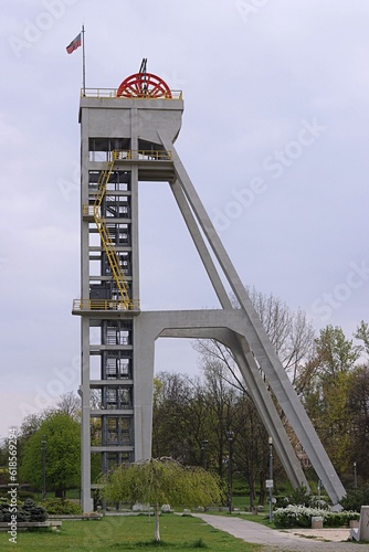 Mining shaft, hoisting tower of the closed coal mine The President in Chorzów, Poland.	