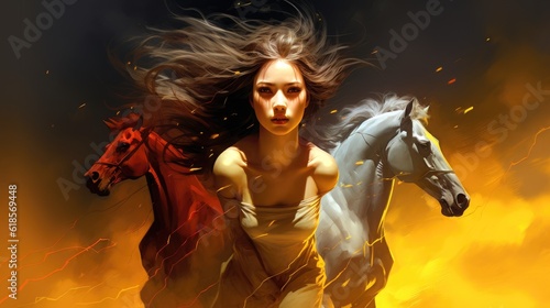 Background of a woman and two horses red and white book of Revelation Apocalypse Generative AI Illustration