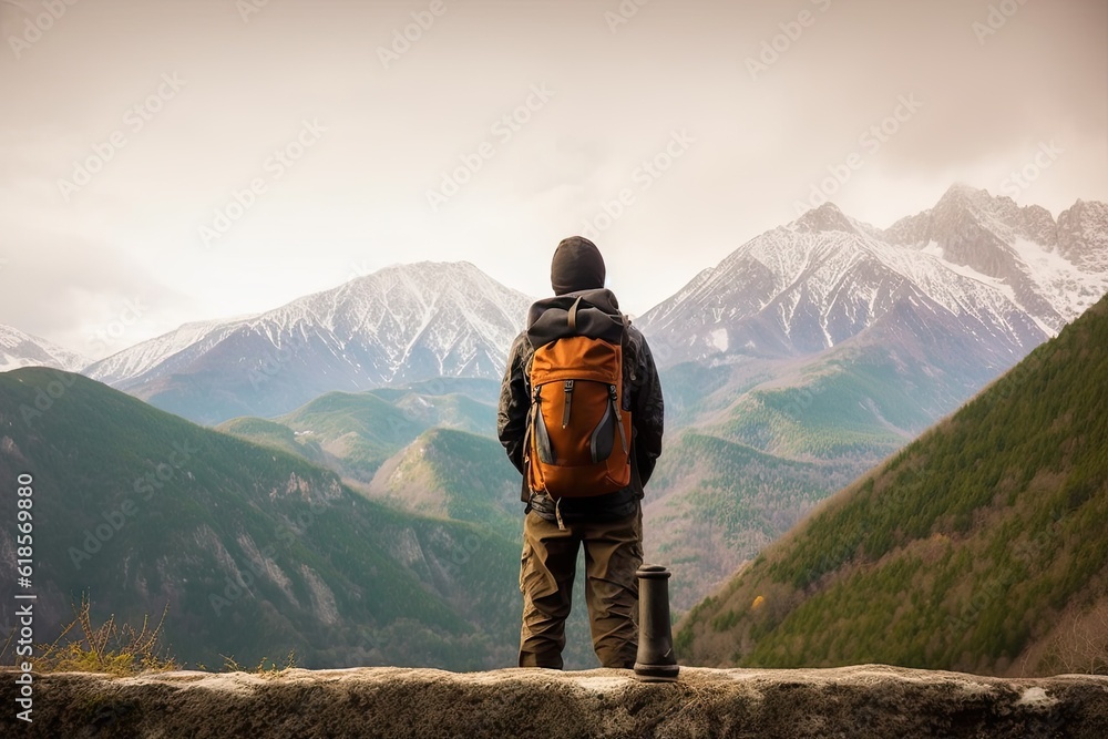 Thrilling hiking adventure. Active hiker with backpack exploring majestic mountains. Traveler challenge of mountain Thrilling hiking adventure. Active hiker with backpack exploring majestic mountains. Traveler challenge of mountain