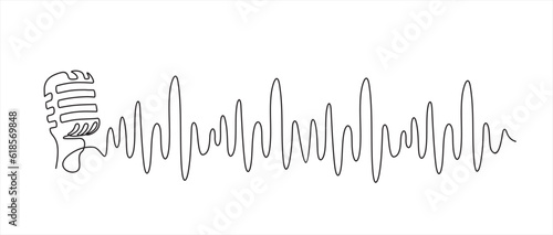 Continuous one line drawing of sound wave and microphone, voice message, podcast.